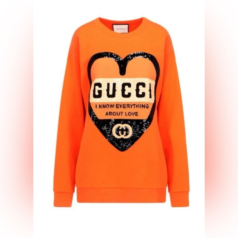 GUCCI- I Know Everything About Love- Sequin Orange Heart Sweatshirt. Siz…